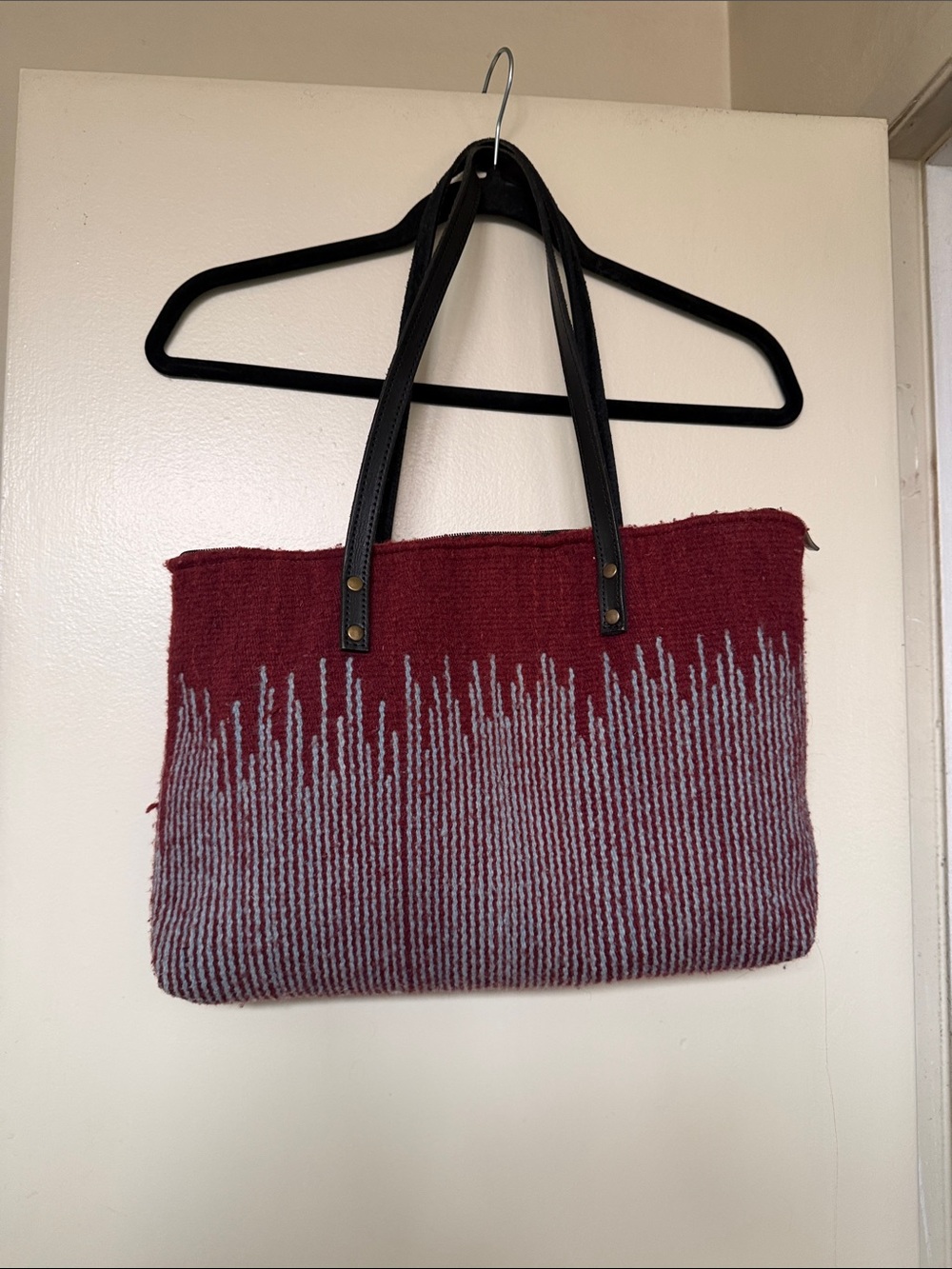Handmade Woven Red and Gray Tote Bag with Black Strap